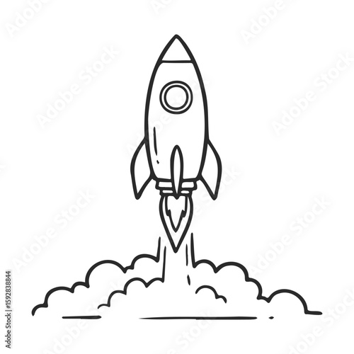 Hand-drawn rocket launch illustration with smoke trail in black and white
