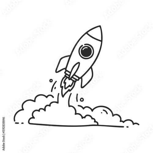 Hand-drawn rocket launching with smoke trail in simple black and white design
