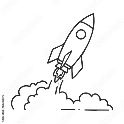 Hand-drawn rocket launching into sky with smoke trails