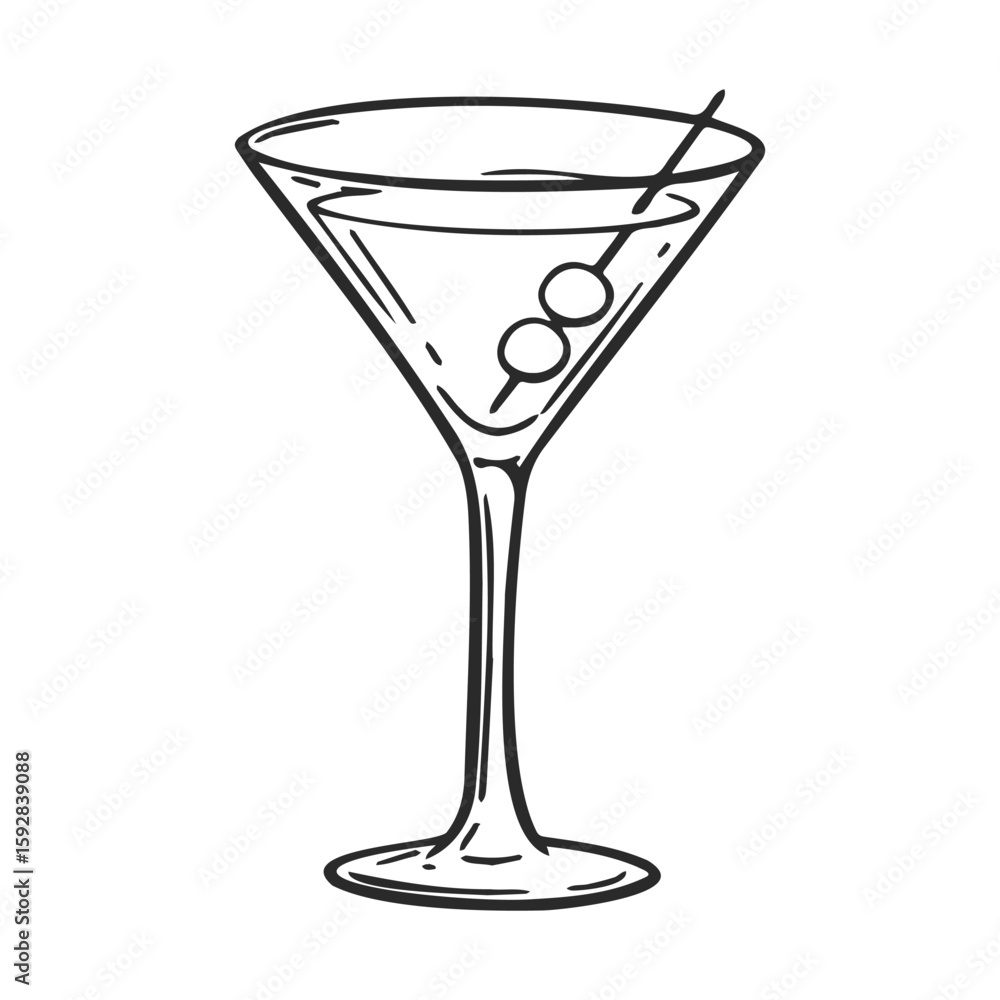 Sketch of a classic martini glass with olives on a stirrer Sketch of a classic martini glass with olives on a stirrer