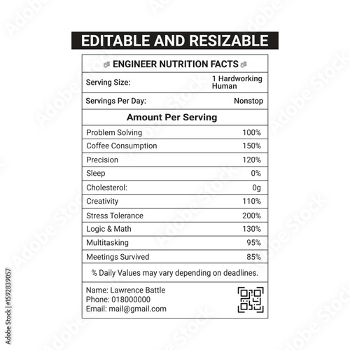 Engineer nutrition facts with 100% editable file for print in tshirt or others print able thinks to gift engineers as a fun