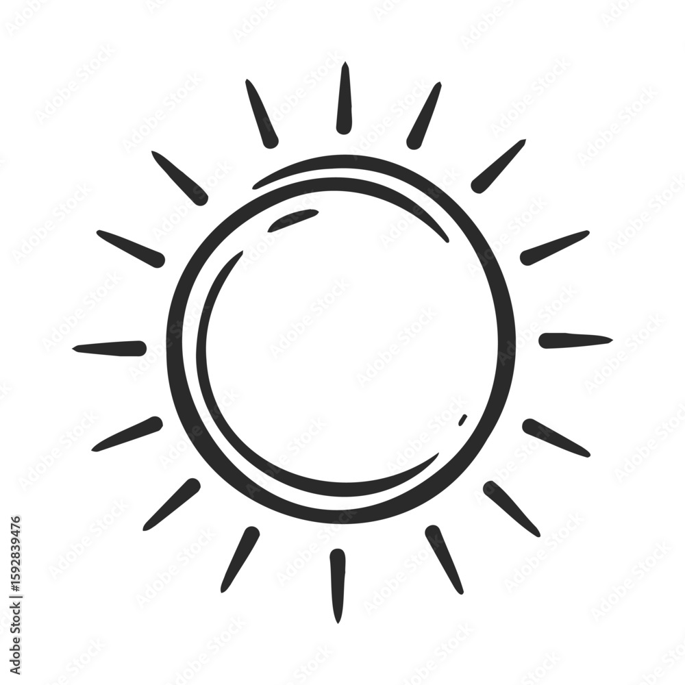 Obraz premium Simple black sun icon with sun rays on white background