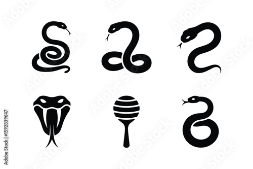 Black snake silhouettes and viper head reptile