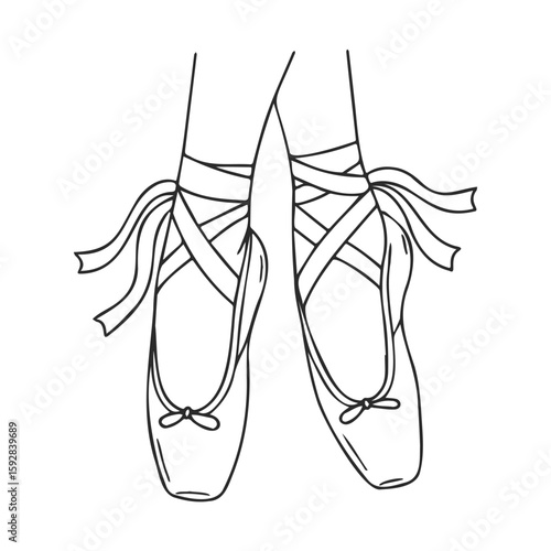 Elegant ballet pointe shoes with ribbon ties in line art style
