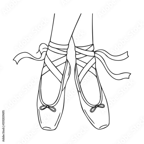 Ballet pointe shoes line art with ribbons