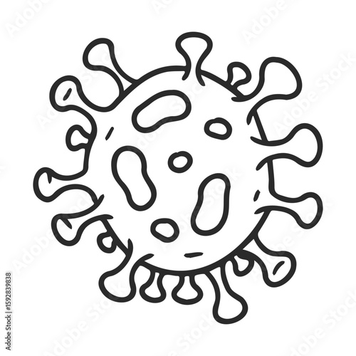 Black and white line drawing of a coronavirus cell with detailed surface patterns