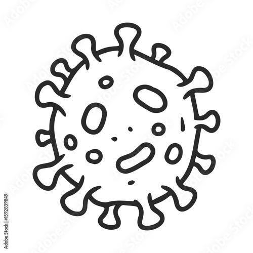 Black and white coronavirus illustration with iconic spike proteins