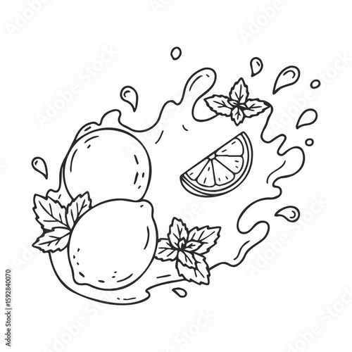 Hand-drawn lemon splash with leaves and slice in motion