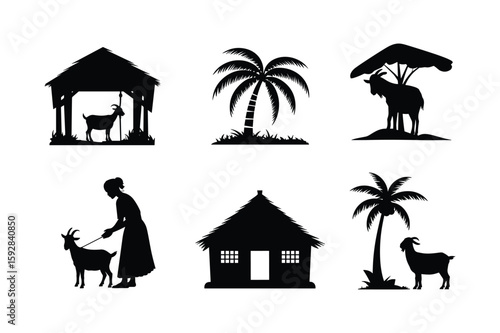 Goat silhouettes under shelter and near palm trees with a person vector