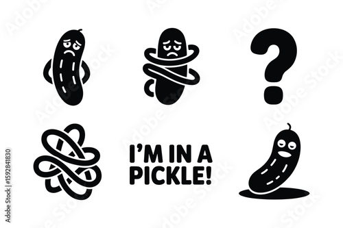 Sad pickle character tangled in rope and question mark vector