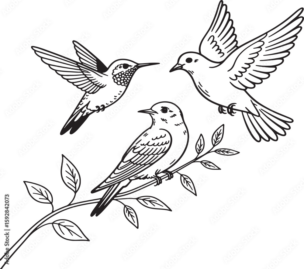 Fototapeta premium Three Birds Perched On Branch Line Art Illustration