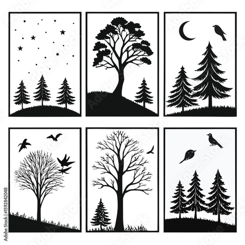 Diverse nature scenes with trees birds and celestial elements
