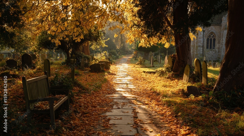 Naklejka premium Autumn pathway in historic cemetery with sunlit foliage and stone church