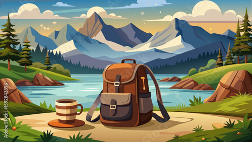 Lightweight brown backpack with black cup rests on rock near tranquil lake. Natural background mountains hills forest. Summer hiking camping trip adventure. Concept travel tourism expedition 