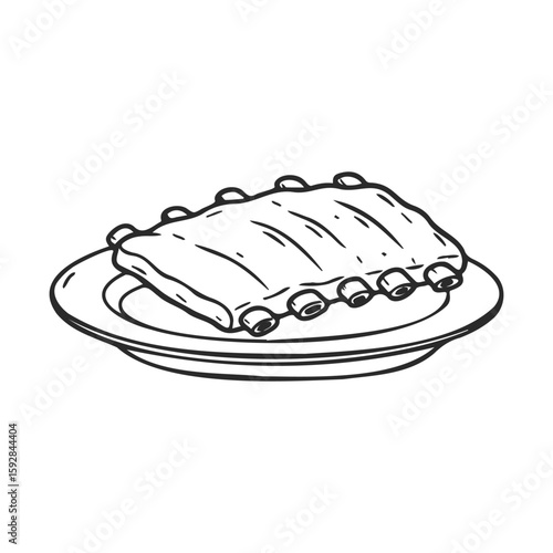Hand-drawn illustration of ribs on a plate: bbq cuisine art