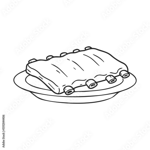 Black and white illustration of barbecue ribs on plate