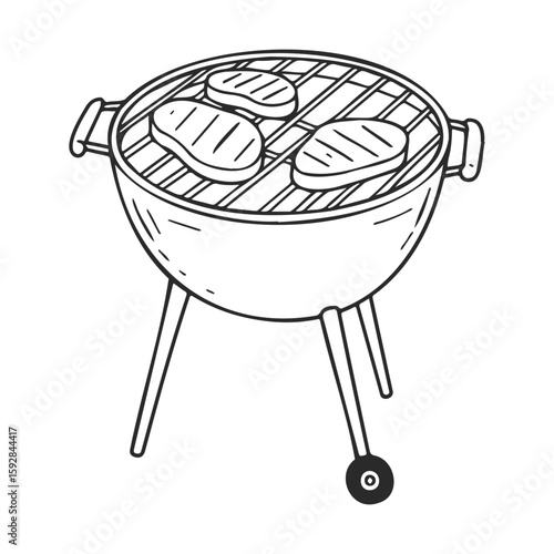 Grilled steaks on charcoal bbq grill illustration