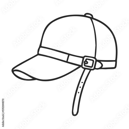 Black and white outline of adjustable baseball cap with strap and buckle