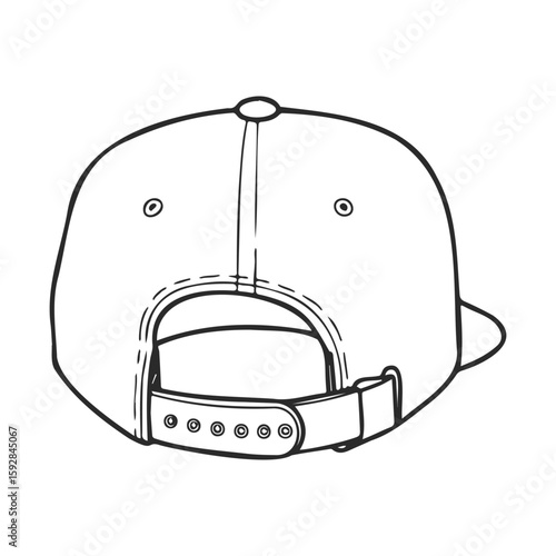 Black and white outline of backwards baseball cap design with adjustable strap
