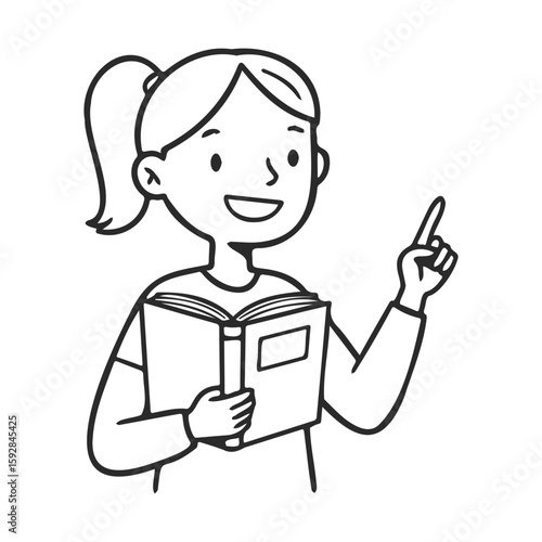 Asian female child reading book and pointing up in black and white drawing
