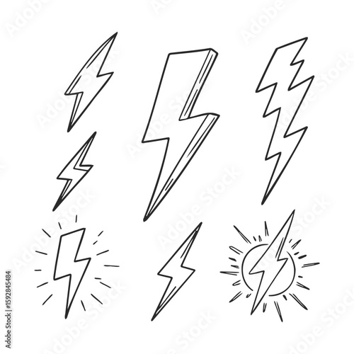 Black and white lightning bolt doodles in various styles and shapes
