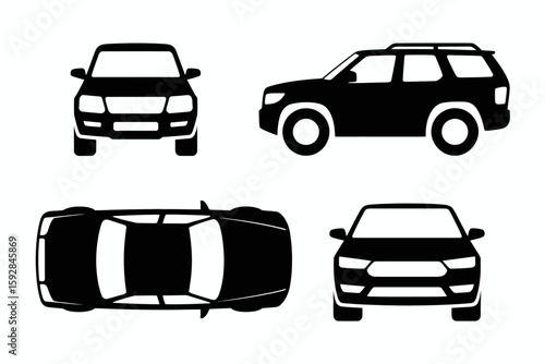 Black Silhouette Car Illustration Set Front, Side, Top and Perspective Views for Design Projects