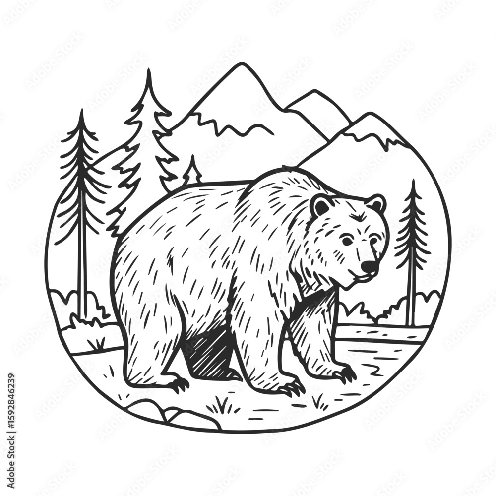 Obraz premium Hand-drawn grizzly bear in mountainous forest landscape illustration