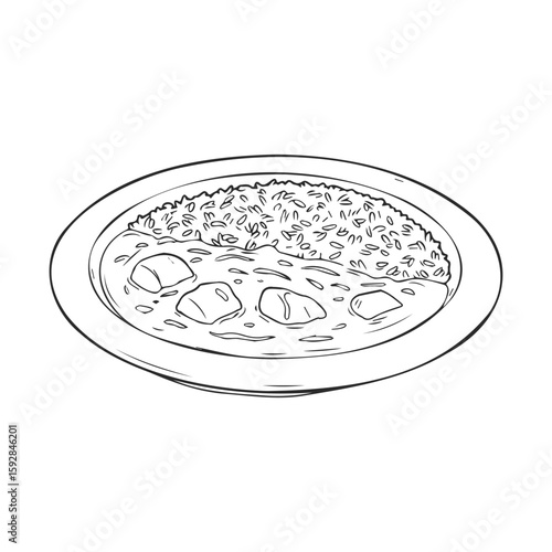 Black and white illustration of chicken curry with rice on a plate