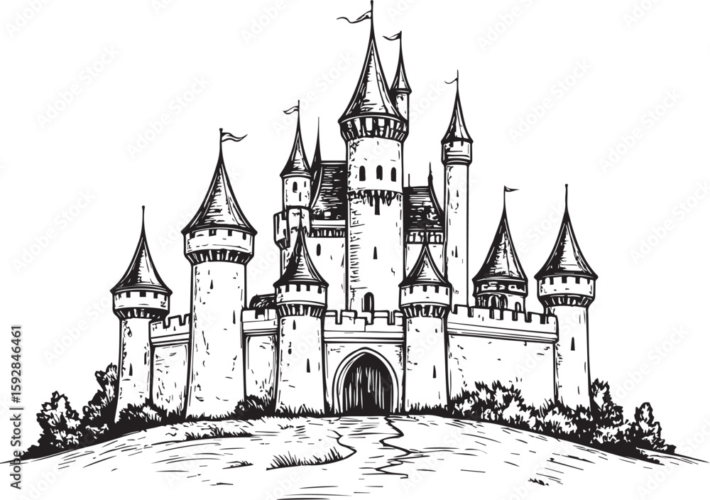 Fototapeta premium Fairytale Castle Majesty: Hand-Drawn Royal Fortress