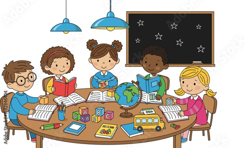 Diverse group of happy young children learning and reading together around a table, illustrating early education, teamwork, and childhood development.