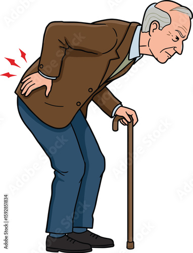 Cartoon elderly person with gray hair using cane and holding painful back, bent posture, brown jacket, senior health care icon