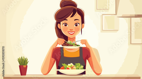 Joyful woman enjoying vegan meal illustration