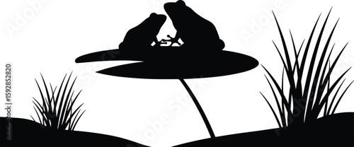 Silhouette Frogs on Lily Pad with Grass Vector Illustrator