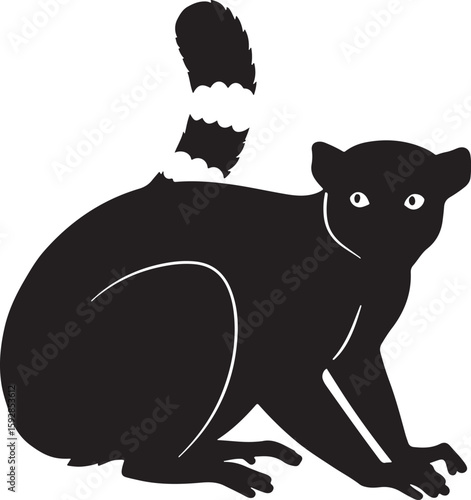 Silhouette of a Ring-Tailed Lemur in a Sitting Position , Vector Lemur Illustration with Striped Tail in Black and White