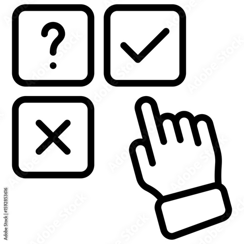 Multiple Choice Outline Icon Design Vector - Hand pointer selecting among multiple options including check, cross, and question mark, representing quiz or decision-making
