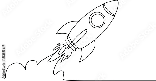 Minimalist One Line Drawing of a Rocket Launching into Space with Exhaust Trail