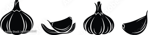 Black garlic cloves and bulbs in silhouette style