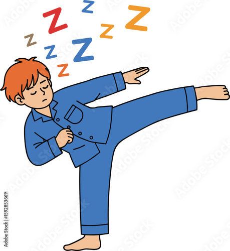 Funny cartoon sleeping character in pajamas performing high kick, dream action pose, colorful Z symbols, sleepwalking illustration design