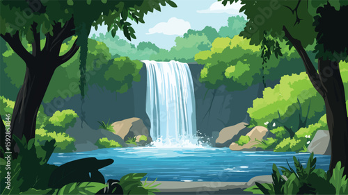 Tranquil Lush Green Forest Waterfall Scene - Nature's Beauty