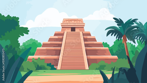 Exploring Ancient Mayan Pyramid in Jungle Ruins - Simple Flat Design