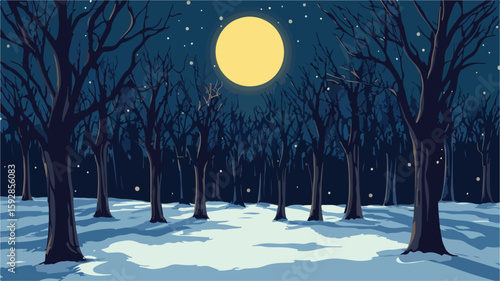 Enchanting Moonlit Winter Forest with Bare Trees at Night