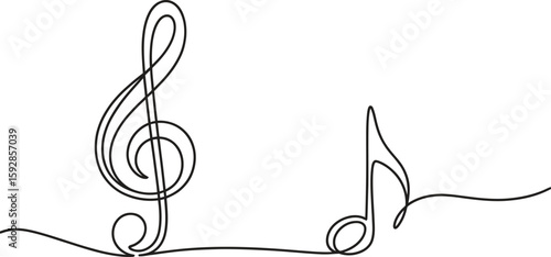 Abstract One Line Drawing of a Treble Clef and Musical Note on a White Background