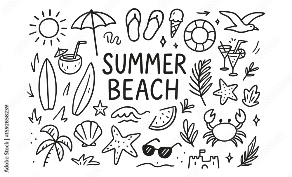 Naklejka premium Doodle style summer beach icons and elements collection