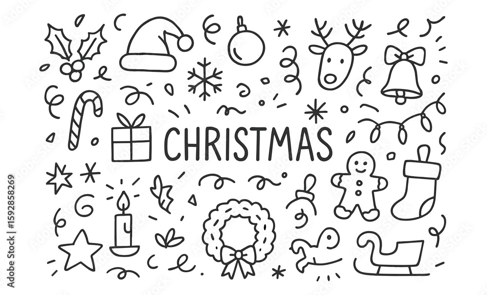 Obraz premium Hand drawn christmas doodles with holiday elements and festive icons