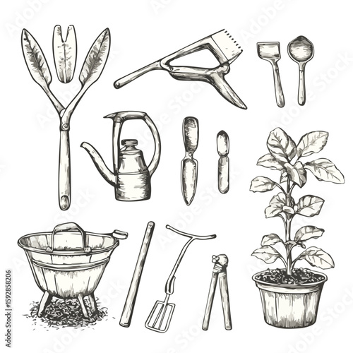 Hand-drawn Gardening Tools Sketch Set