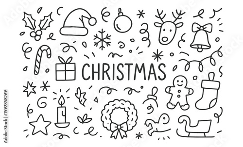 Hand drawn christmas doodles with holiday elements and festive icons