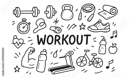Hand-drawn workout gear and fitness equipment outlined in black and white