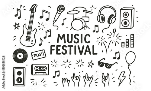 Music festival doodles with instruments and celebration icons in black and white