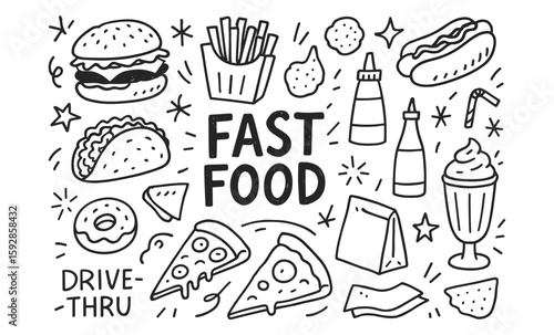 Hand drawn fast food doodles with burgers, fries, and more