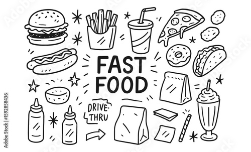 Doodle fast food icons featuring pizza, burgers, and soda
